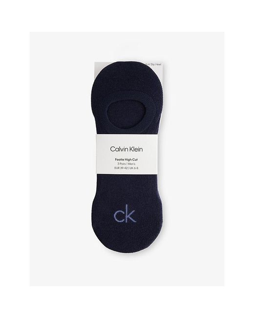 Calvin Klein Blue Footie High Stretch Cotton-Blend Socks Pack Of Three for men