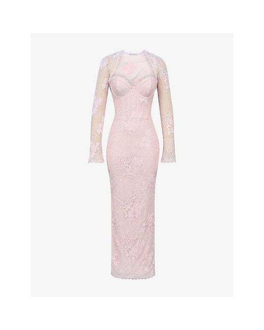 House Of Cb Pink Lucienne Floral Stretch-Lace Maxi Dress Xs (A-C Cup)