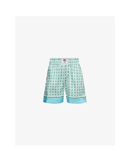 Palm Angels Blue Diamond-Monogram Relaxed Satin Shorts