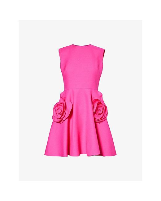 Valentino Garavani Pink Floral-embellished Wool And Silk-blend Mini Dress
