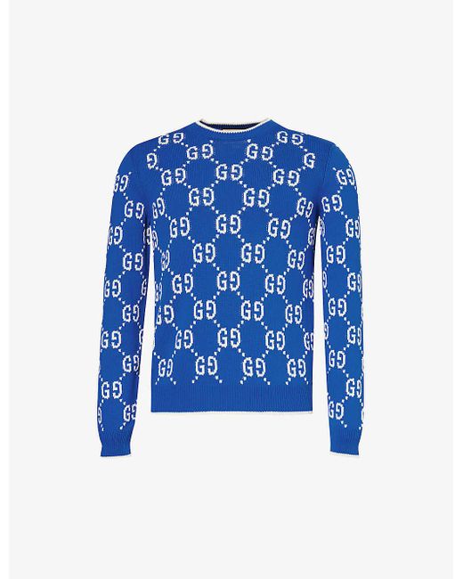 Gucci Blue Monogram-pattern Crewneck Cotton-knit Jumper for men