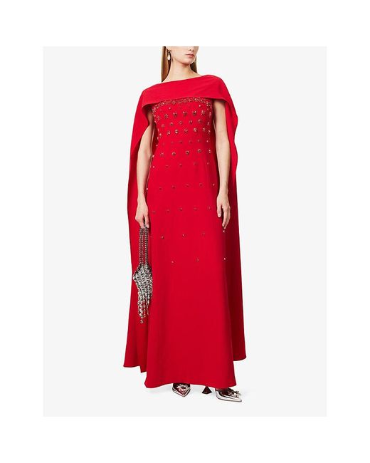 Huishan Zhang Red Luanne Modest Embellished Woven Gown