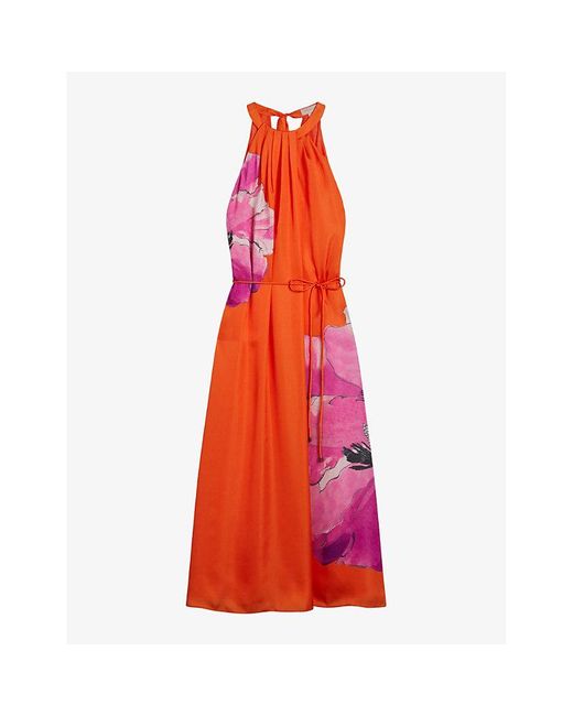 Ted Baker Red Immia Halter-neck Floral-print Woven Midi Dress