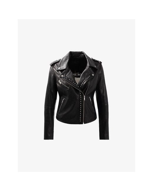 IKKS Black Leather Stud-embellished Leather Jacket