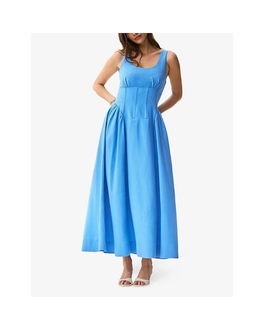Ro&zo Blue Sleeveless Seam-Detail Linen-Blend Midi Dress