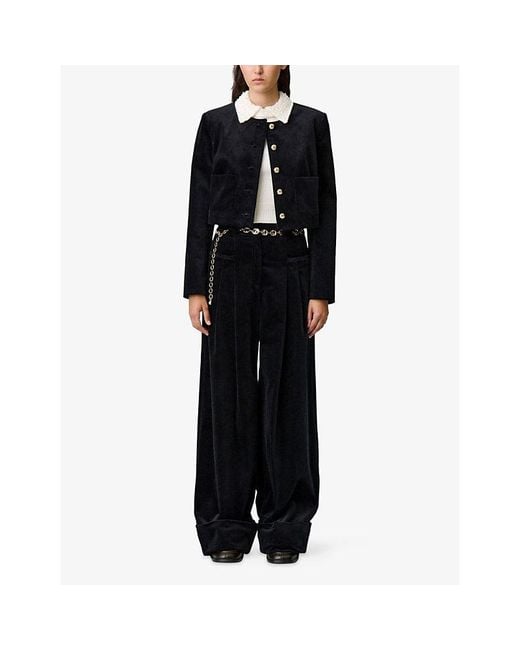 Claudie Pierlot Black Boxy Round-Neck Stretch-Velvet Jacket