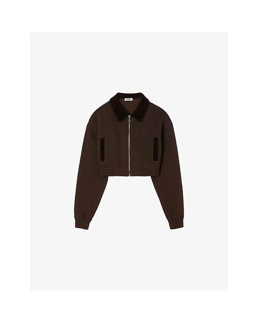 Sandro Black Contrast-Collar Zip-Up Cropped Cotton-Blend Sweatshirt