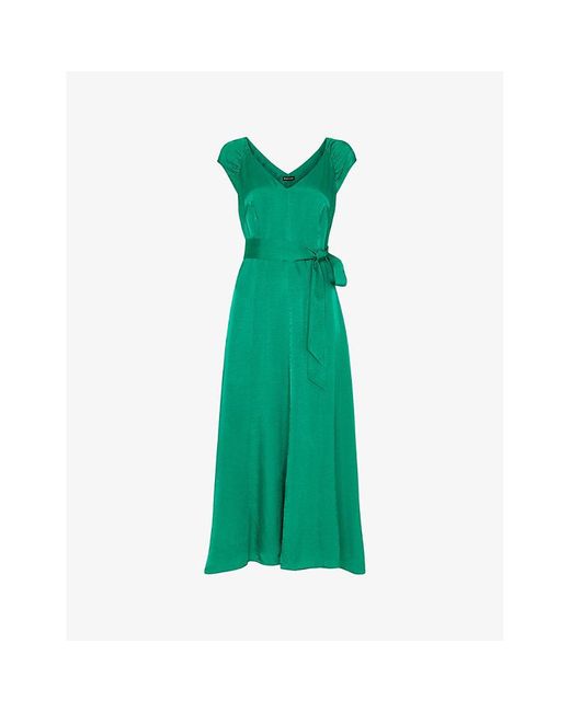 Whistles Green Arie Cap-sleeved Belted Satin Midi Dress