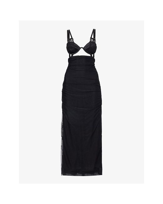 Dolce & Gabbana Black Lace-design Slim-fit Mesh Midi Dress