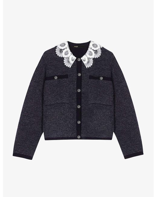 Maje Blue Guipure-collar Knitted Cardigan