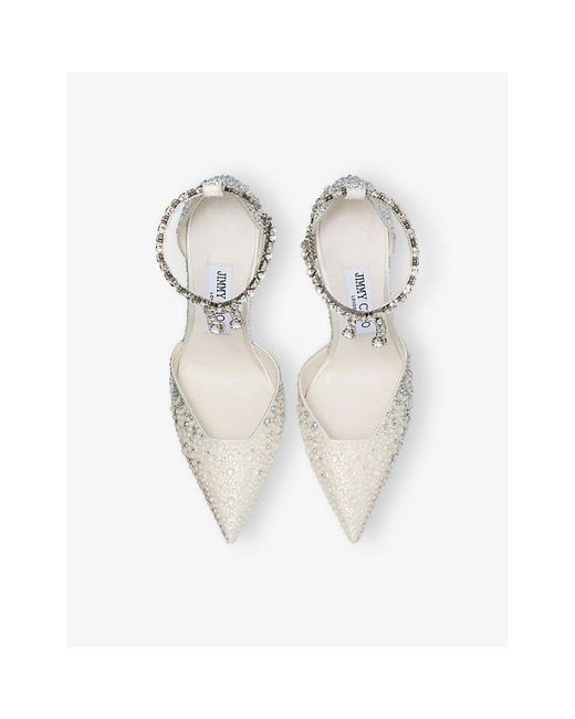 Jimmy Choo White Stevie 100 Crystal-Embellished Satin Heeled Courts