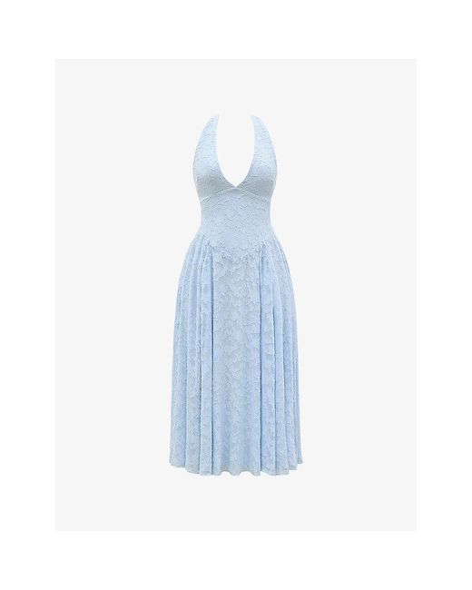 House Of Cb Blue Arietta Halter-Neck Jacquard Woven Midi Dress