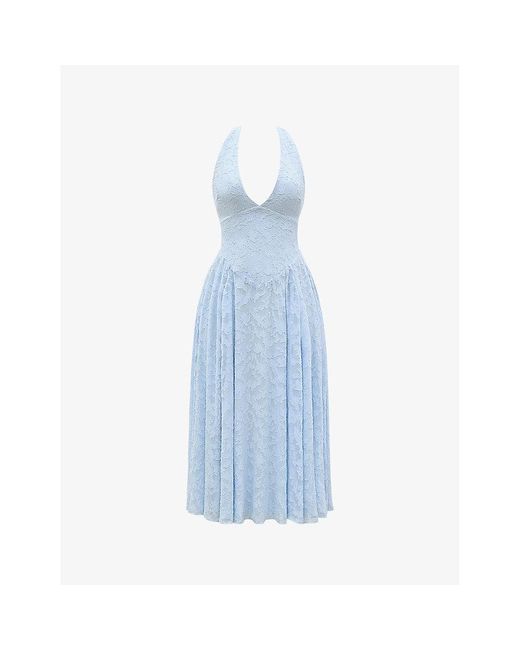 House Of Cb Blue Arietta Halter-Neck Jacquard Woven Midi Dress