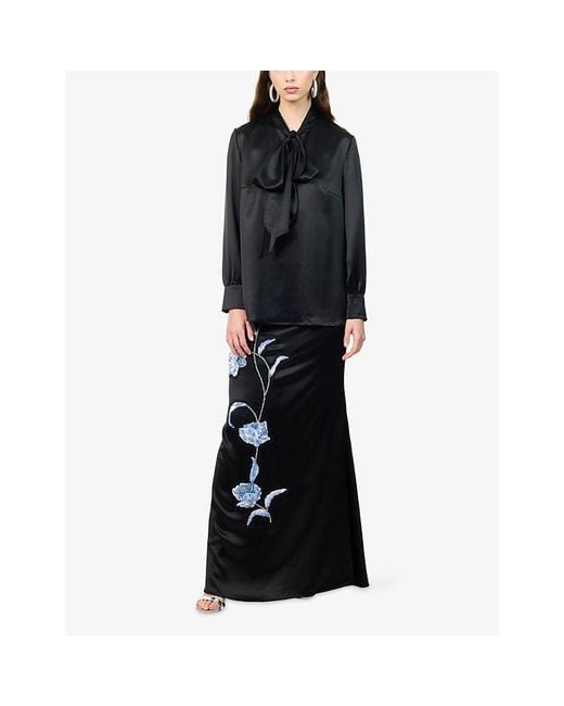 Huishan Zhang Black Lucille Floral-Embroidered Satin Maxi Skirt