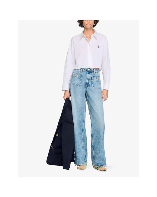 Sandro White Logo-Embroidered Cropped Cotton Shirt