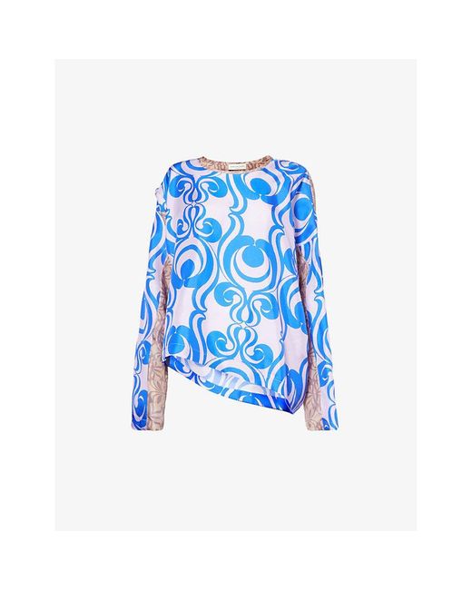 Dries Van Noten Blue Abstract-pattern Relaxed-fit Silk Top