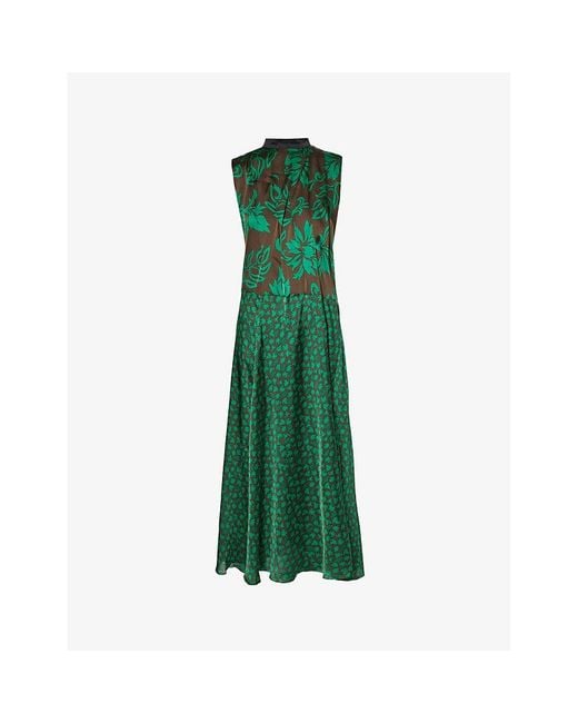 Sacai Green High-neck Floral-pattern Satin Maxi Dress X