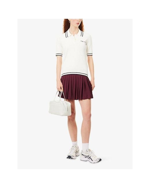 Sporty & Rich White Signature Logo Mini Cable Woven Polo Top