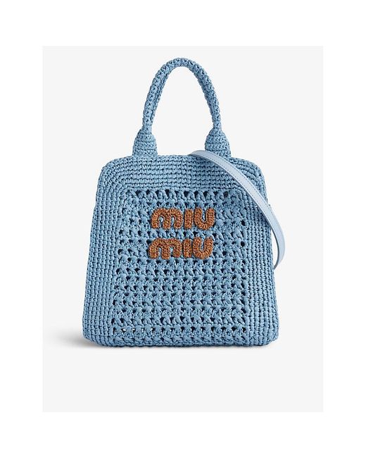 Miu Miu Blue Rete Branded Raffia Top Handle Bag