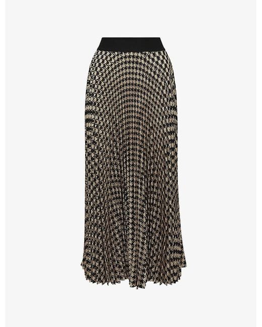Reiss Brown Elissia Dogtooth-pattern Pleated Woven Midi Skirt