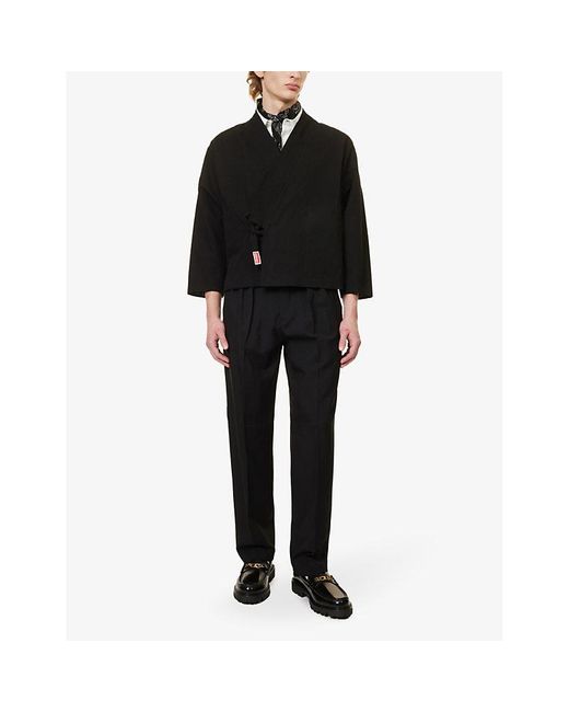 KENZO Black Kimono Brand-appliqué Cotton And Linen-blend Jacket for men