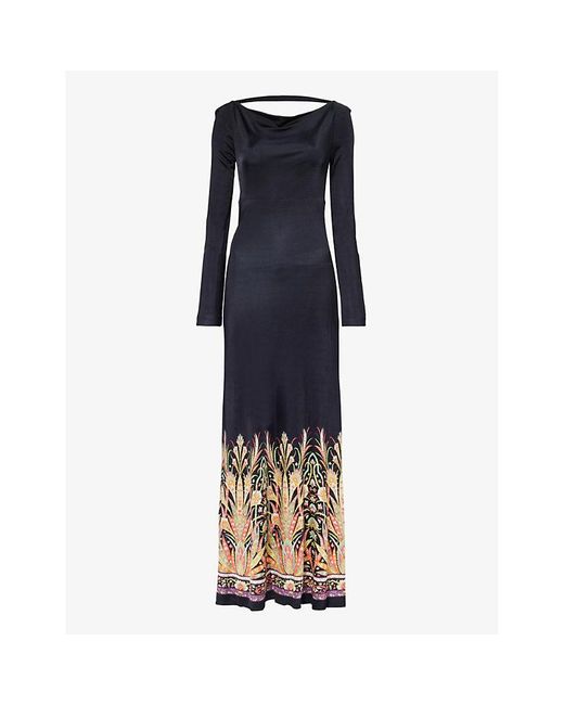 Etro Blue Graphic-print Long-sleeve Stretch-woven Maxi Dress