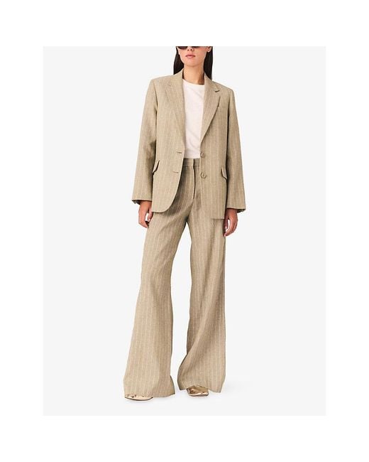 Maje Green Striped Wide-Leg Cotton And Linen-Blend Trousers