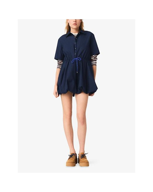 Maje Blue Bubble-Hem Short-Sleeve Cotton Mini Dress