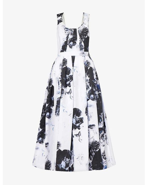 Alexander McQueen White Floral-print Sweetheart-neck Cotton Midi Dress