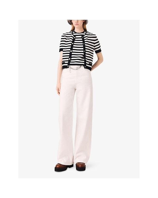 Maje Blue Round-Neck Striped Cropped Crochet Cardigan