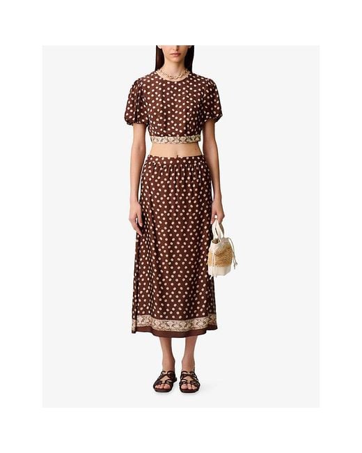 Claudie Pierlot Brown Cropped Graphic-Print Satin Top