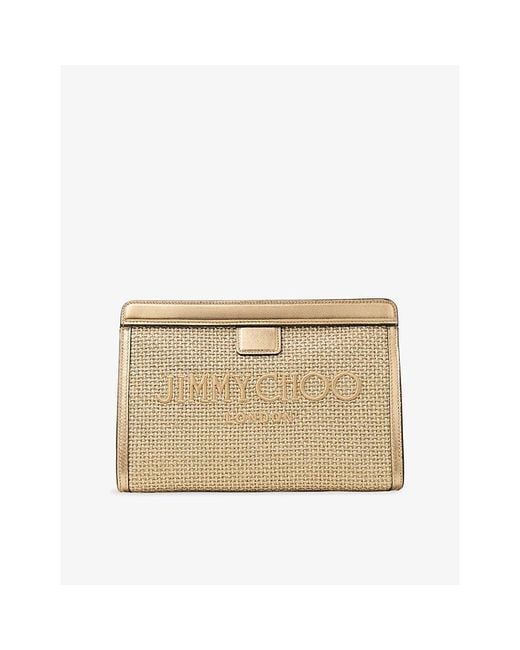 Jimmy Choo Natural Avenue Embroidered-Logo Raffia And Metallic Leather Pouch