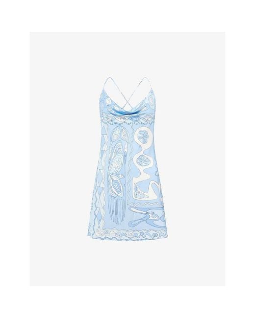 Emilio Pucci Blue Backless Graphic-Print Satin-Jersey Mini Dress