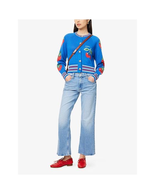 Mother Blue The Crop Rib Cherry-Intarsia Cotton-Blend Cardigan
