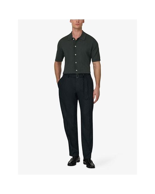 Boggi Black Tapered-Leg Belted Linen Trousers for men