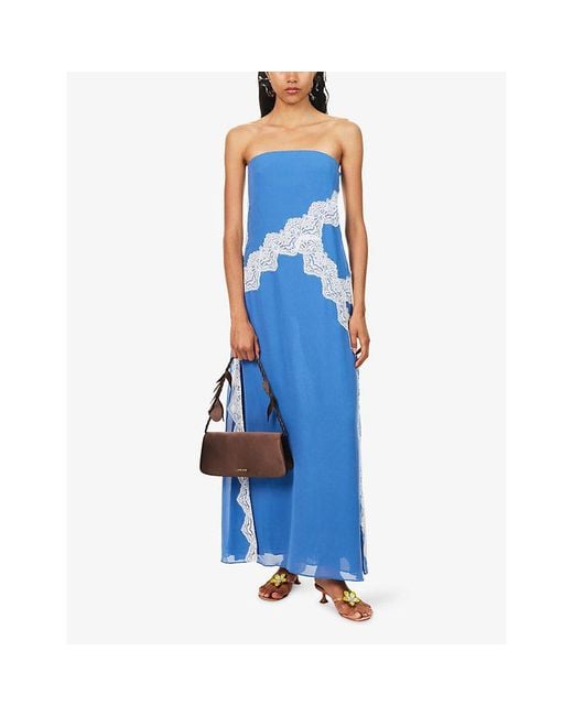 Christopher Esber Blue Verve Strapless Lace-Trim Silk Maxi Dress