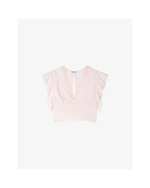 Sandro Pink Floral Tie-Back Woven Top