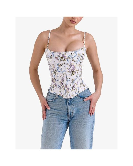 House Of Cb White Cadie Ribbon-Print Cotton Corset Top