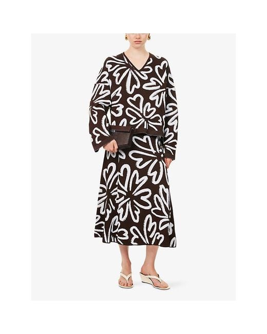 Yasmina Q Black Salma Floral-Print Knitted Midi Skirt