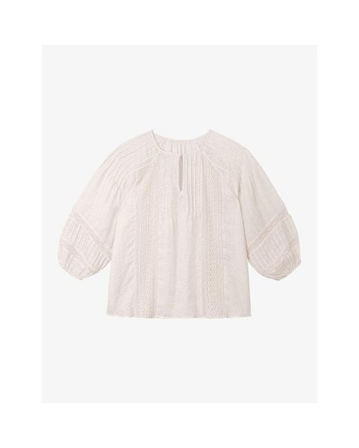 The White Company Natural Volume-Sleeved Lace-Trim Linen Blouse