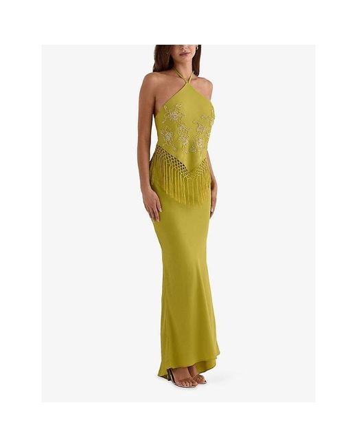 House Of Cb Green Sareena Embellished Halter Maxi Dress