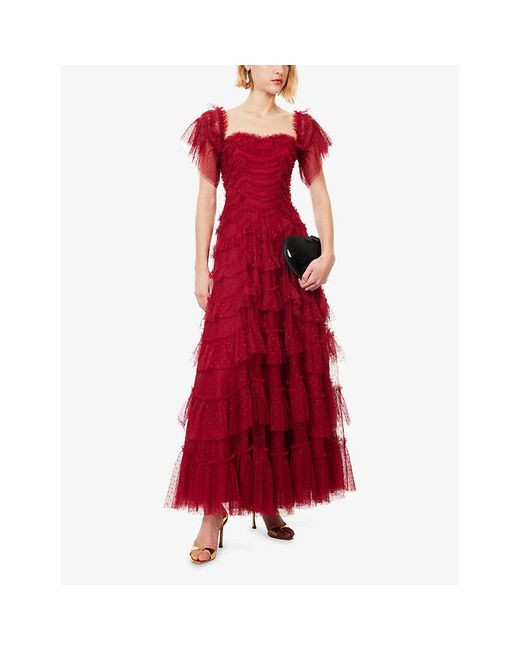 Needle & Thread Red Aviana Off-Shoulder Woven Gown