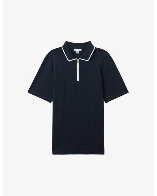 Reiss Blue Cannes Slim-fit Zip-neck Cotton Polo for men