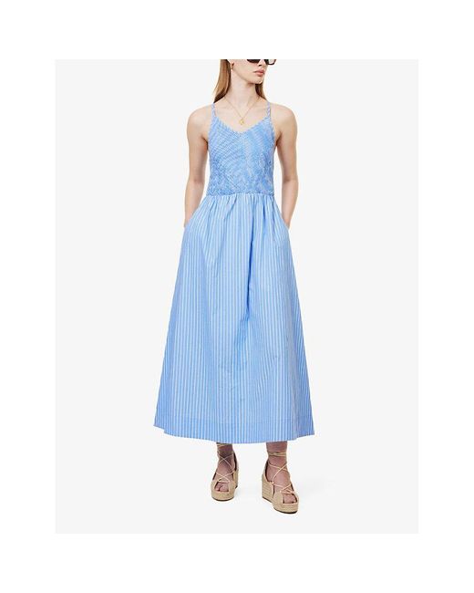 Faithfull The Brand Blue Camera Shirred-bodice Striped Cotton-poplin Midi Dress