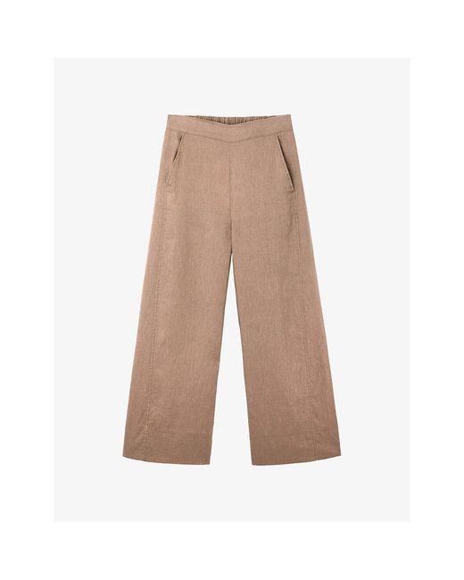 The White Company Brown Elasticated-Waist Wide-Leg Cropped Linen Trousers