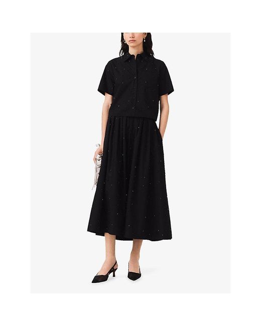 Maje Black Rhinestone Beaded Short-Sleeve Cotton Shirt