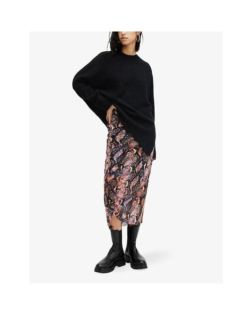 AllSaints Brown Nora Tahoe Snake-print Stretch-woven Midi Skirt