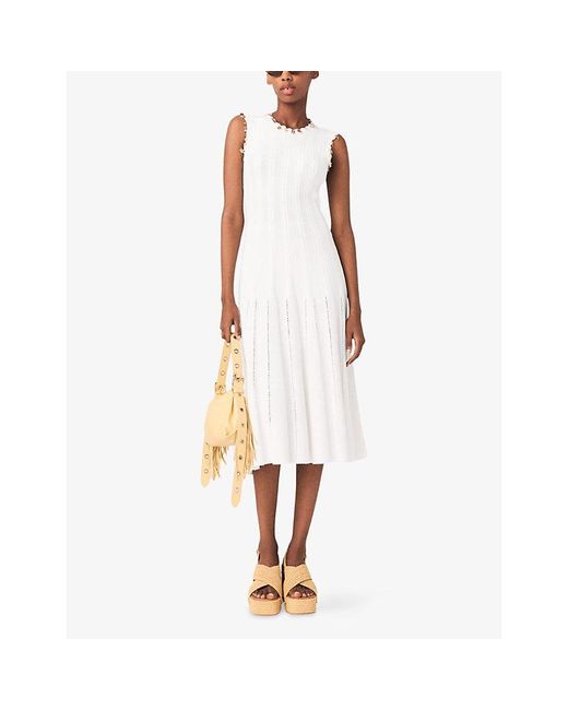Maje White Sleeveless Charm-Embellished Stretch Cotton-Blend Midi Dress