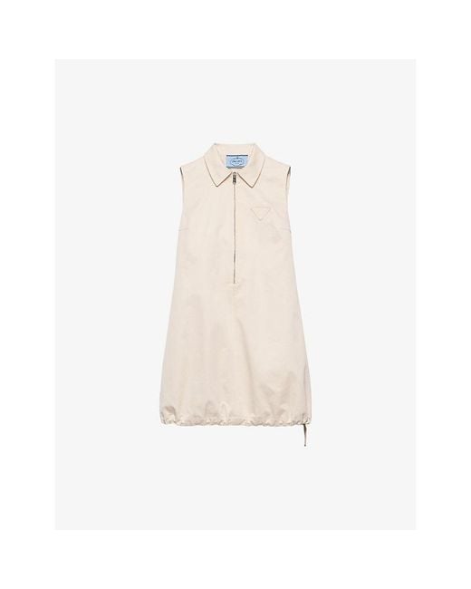 Prada Natural Triangle-Logo Sleeveless Cotton-Chino Mini Dress