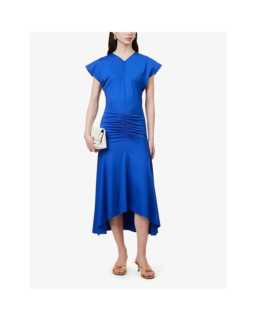 Victoria Beckham Blue V-neck Ruched-panel Stretch-jersey Midi Dress